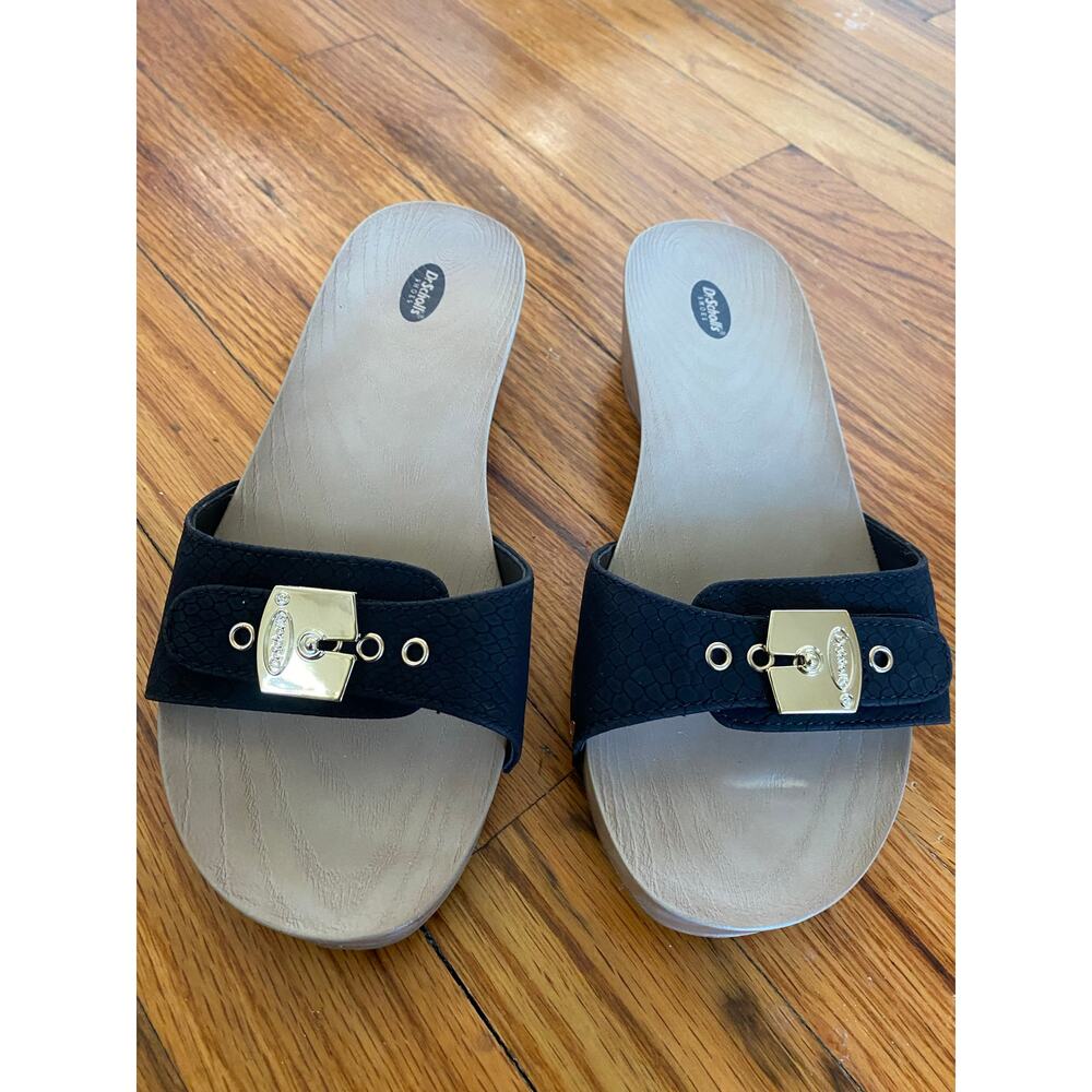 Dr. Scholl's Shoes Womens Classic Sandal Faux Wood Slide Sandal Size 6 Black EUC